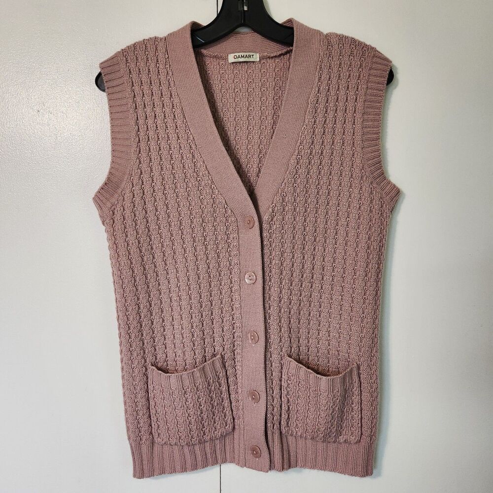 Damart Womens Small Cable Knit Sweater Vest Button Front Blush Pink With Pockets